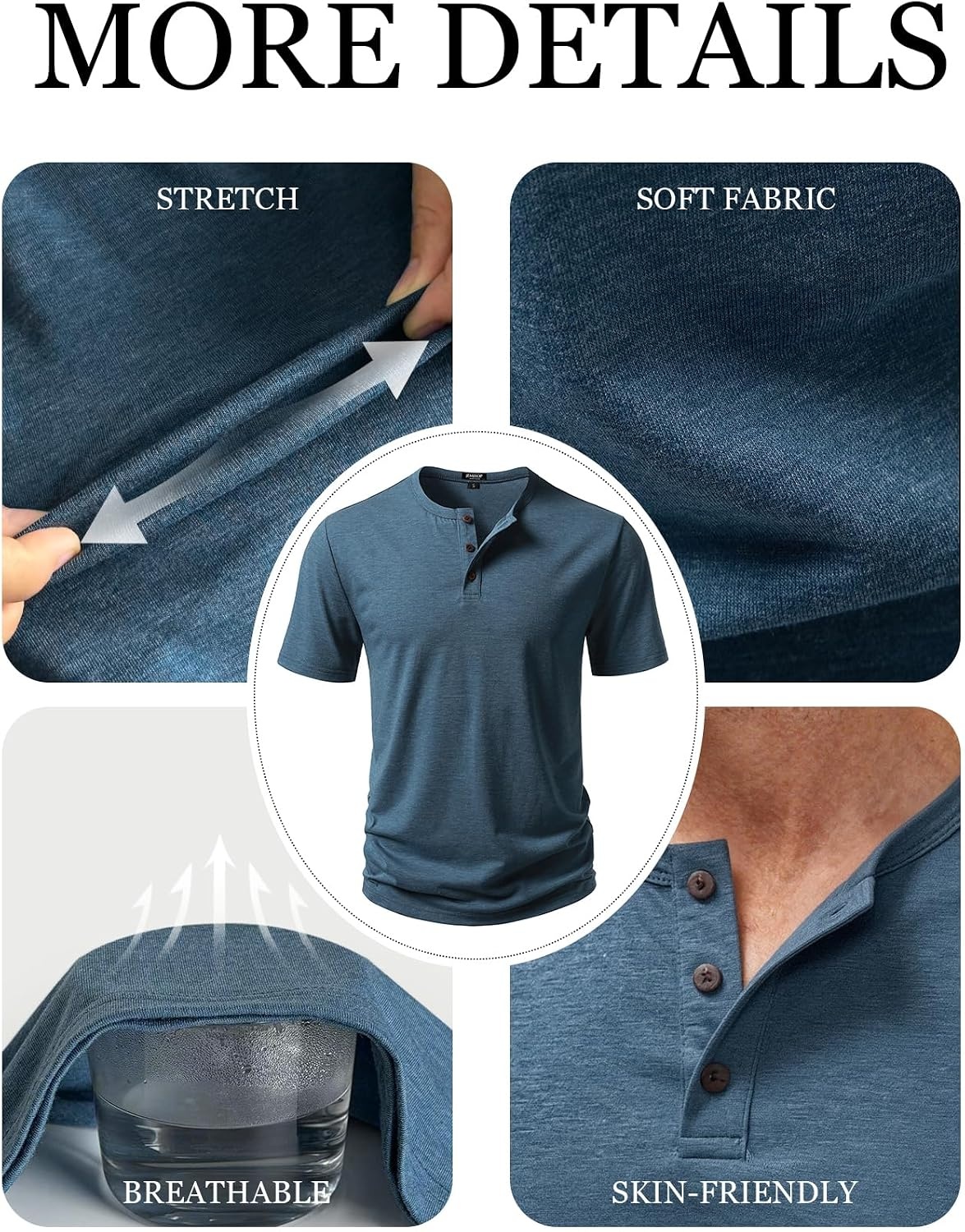 image:imageJEMITOP Mens Stretch Henley TShirt Summer Casual 3 Buttons Short Sleeve Tee ShirtsDenim Blue