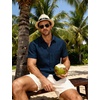 JEMITOP Men’s Linen-Like Soft Short Sleeve Button Down Shirts Lightweight Casual Summer Wedding Beach Vacation Shirt(Navy Blue)