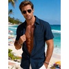 JEMITOP Men’s Linen-Like Soft Short Sleeve Button Down Shirts Lightweight Casual Summer Wedding Beach Vacation Shirt(Navy Blue)