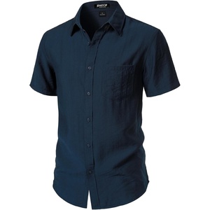JEMITOP Men’s Linen-Like Soft Short Sleeve Button Down Shirts Lightweight Casual Summer Wedding Beach Vacation Shirt(Navy Blue)