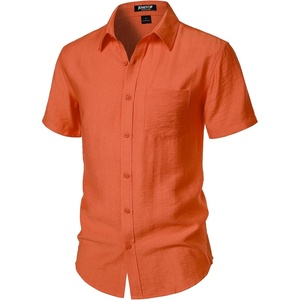JEMITOP Men’s Linen-Like Soft Short Sleeve Button Down Shirts Lightweight Casual Summer Wedding Beach Vacation Shirt(Orange)