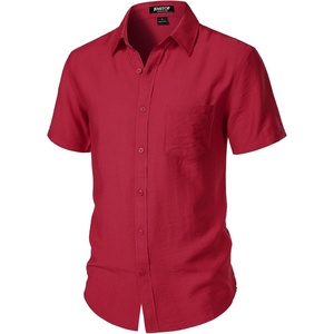 JEMITOP Men’s Linen-Like Soft Short Sleeve Button Down Shirts Lightweight Casual Summer Wedding Beach Vacation Shirt(Red)