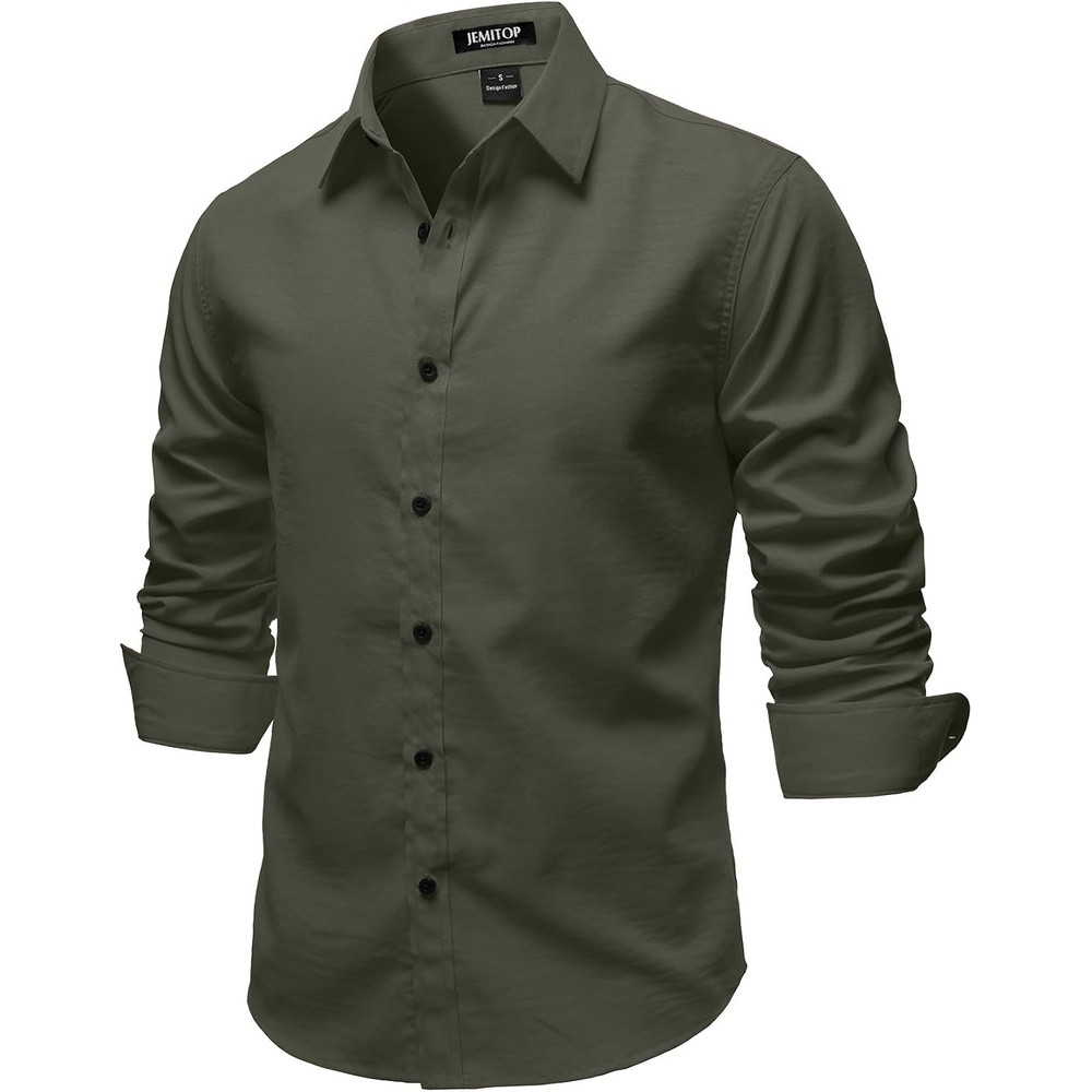 image:imageJEMITOP Mens Stretch Soft Vintage Slim Fit Shirts Long Sleeve Button Down Dress Shirt for Casual Western WorkArmy Green