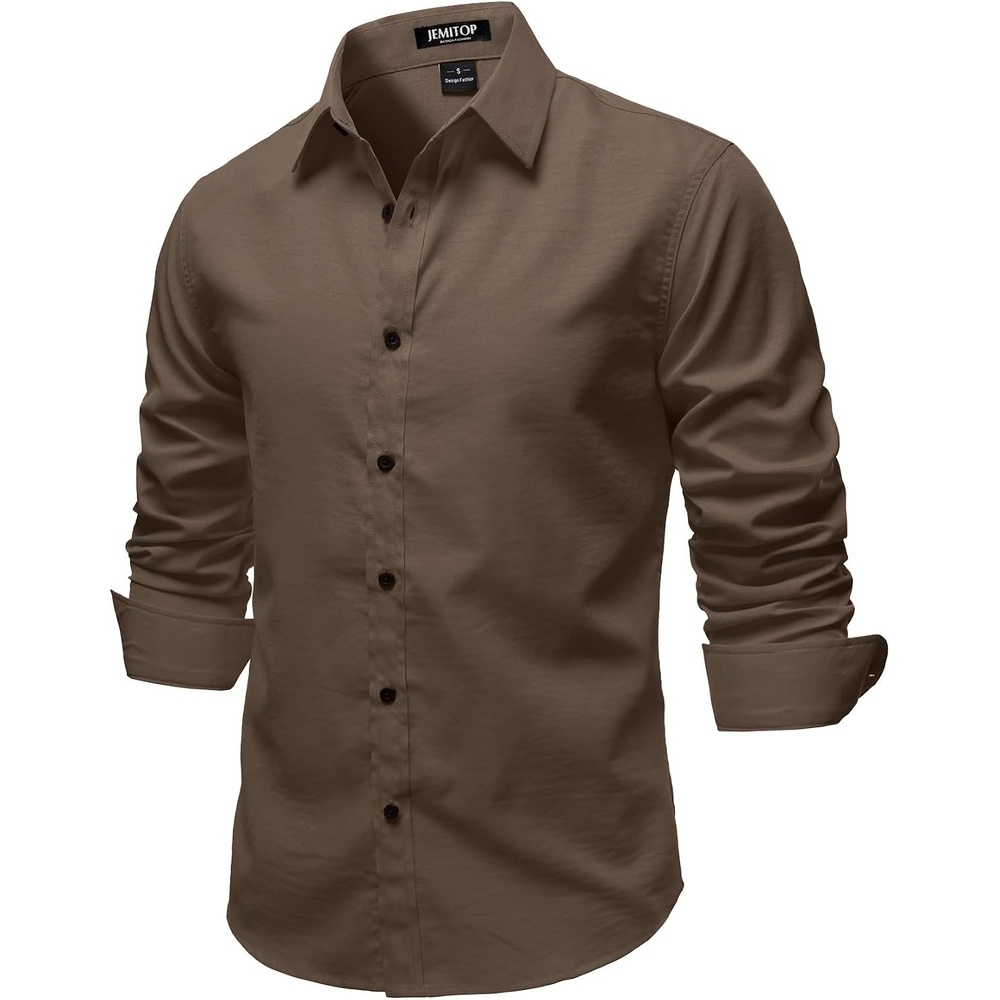 image:imageJEMITOP Mens Stretch Soft Vintage Slim Fit Shirts Long Sleeve Button Down Dress Shirt for Casual Western WorkBrown