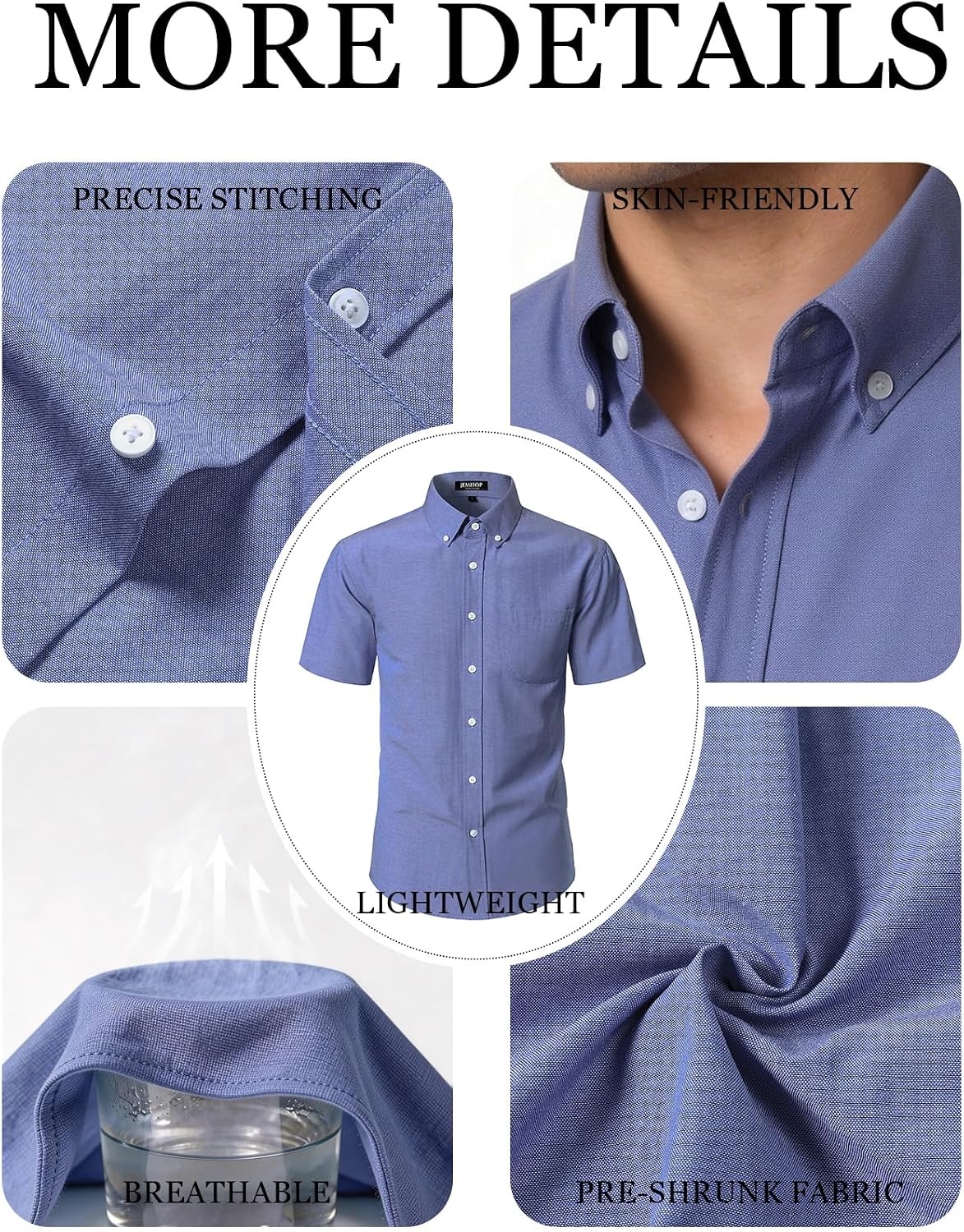 image:imageJEMITOP Mens Classic Lightweight Oxford Button Down Shirts Business Casual Slim Fit Short Sleeve Dress Shirt with PocketDenim Blue