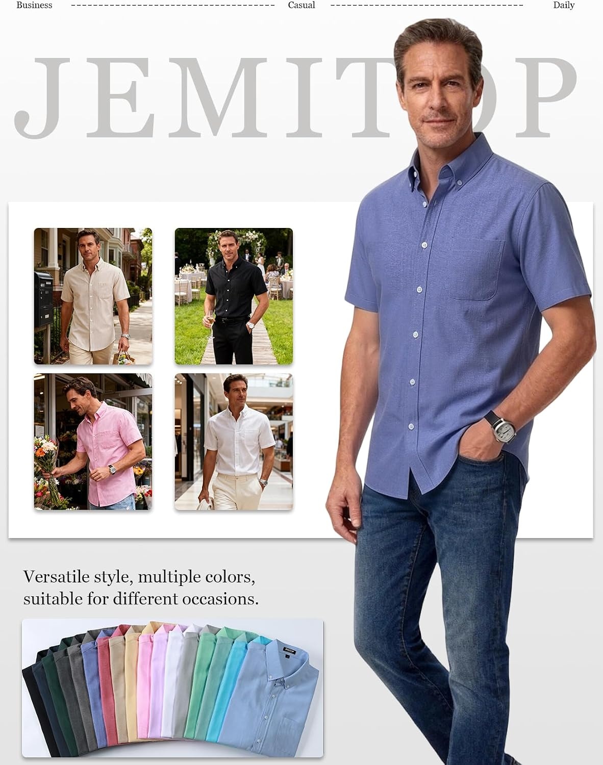 image:imageJEMITOP Mens Classic Lightweight Oxford Button Down Shirts Business Casual Slim Fit Short Sleeve Dress Shirt with PocketDenim Blue