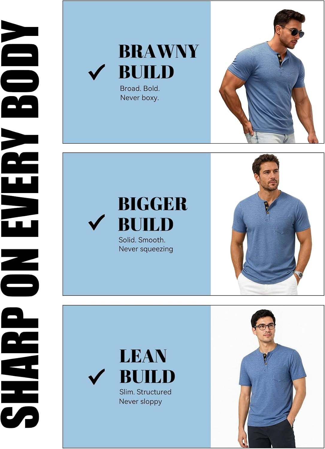 image:imageJEMITOP Mens Stretch Henley Shirts Casual Short Sleeve 3Button TShirtsBlue