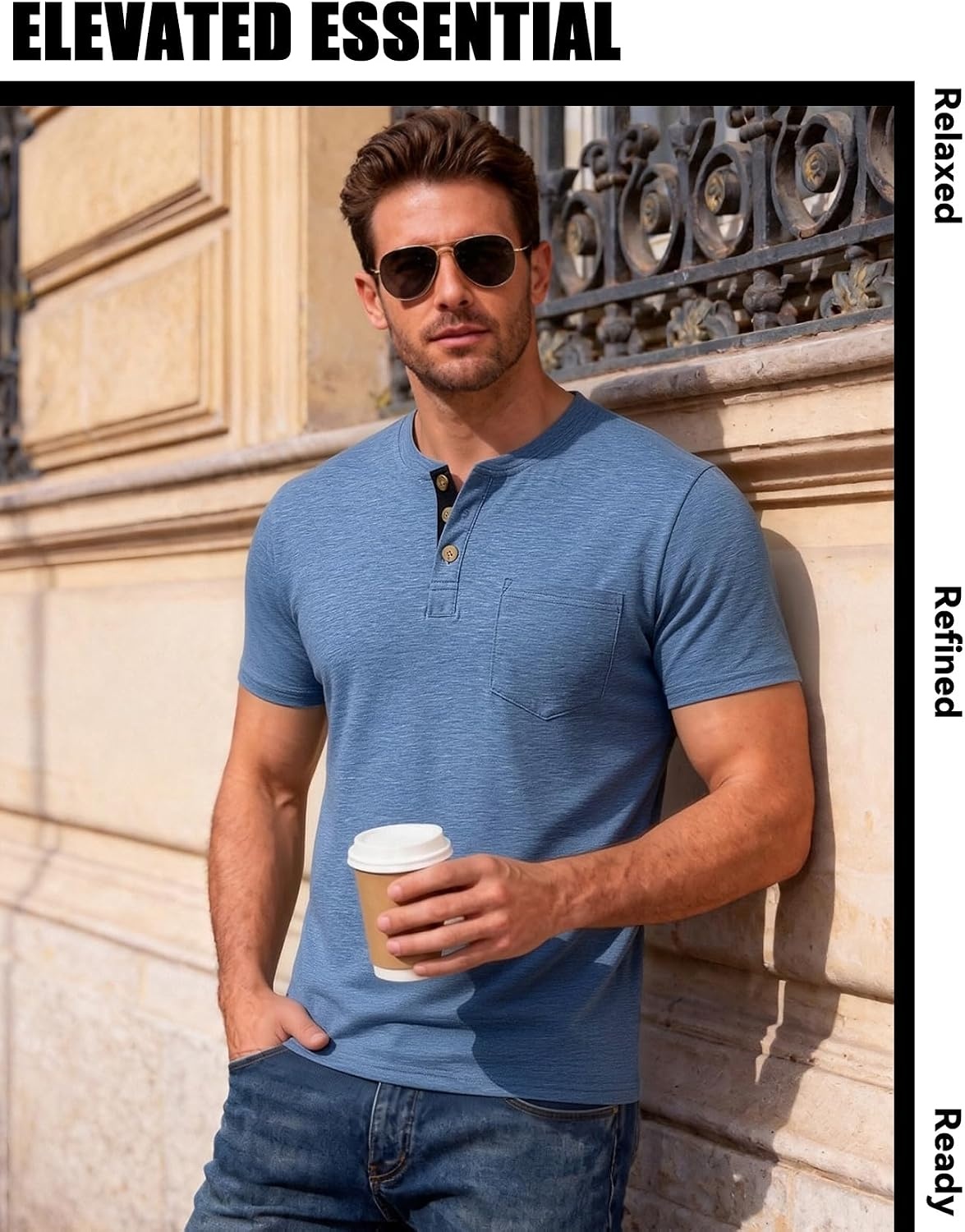 image:imageJEMITOP Mens Stretch Henley Shirts Casual Short Sleeve 3Button TShirtsBlue