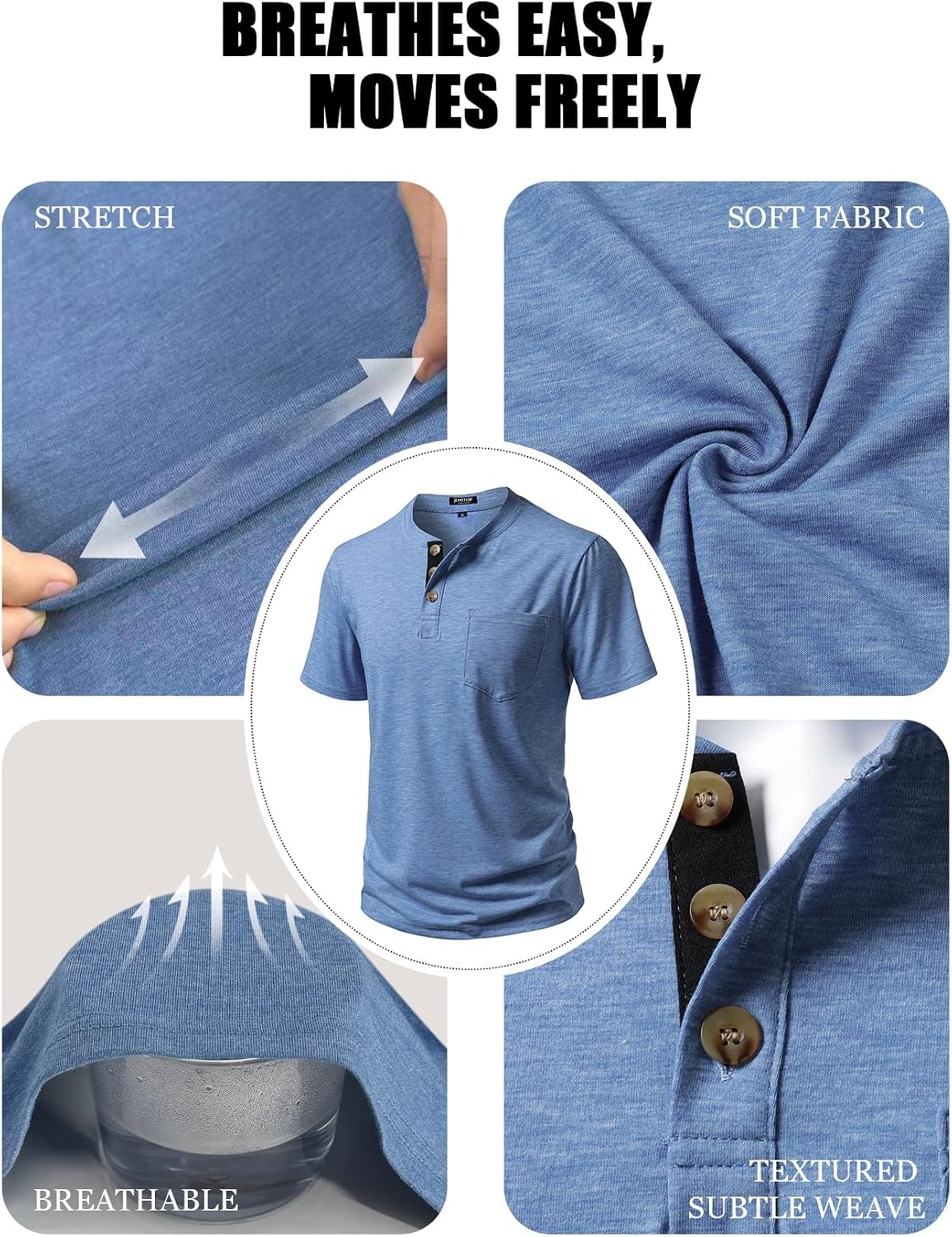 image:imageJEMITOP Mens Stretch Henley Shirts Casual Short Sleeve 3Button TShirtsBlue