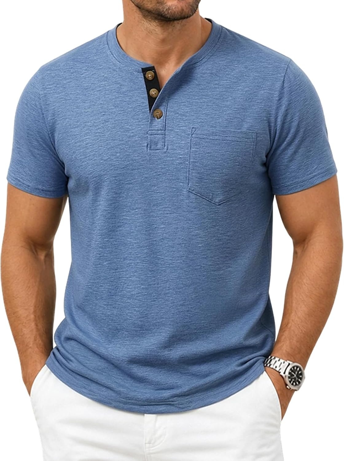 image:imageJEMITOP Mens Stretch Henley Shirts Casual Short Sleeve 3Button TShirtsBlue