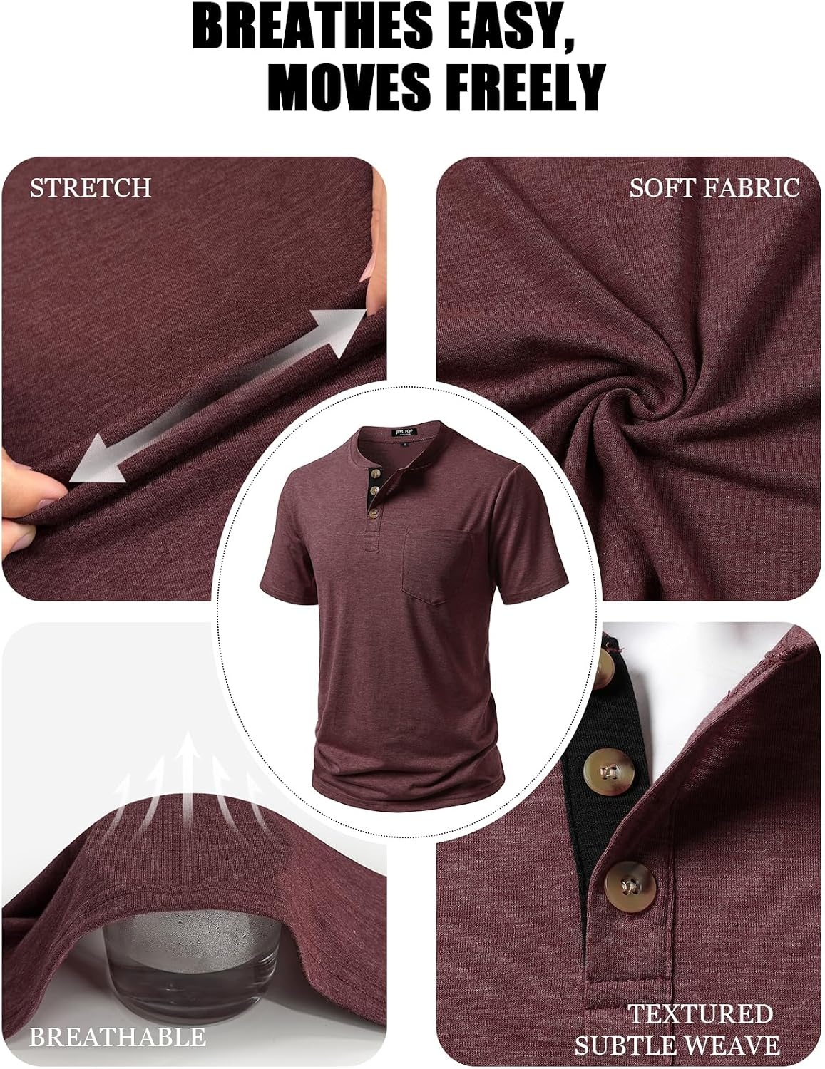 image:imageJEMITOP Mens Stretch Henley Shirts Casual Short Sleeve 3Button TShirtsBurgundy