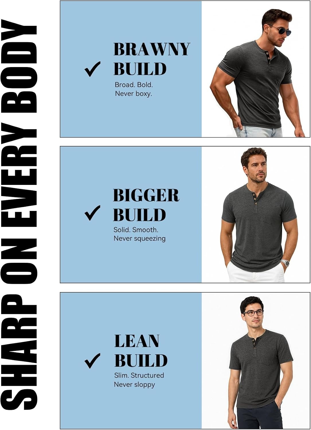 image:imageJEMITOP Mens Stretch Henley Shirts Casual Short Sleeve 3Button TShirtsCharcoal Grey