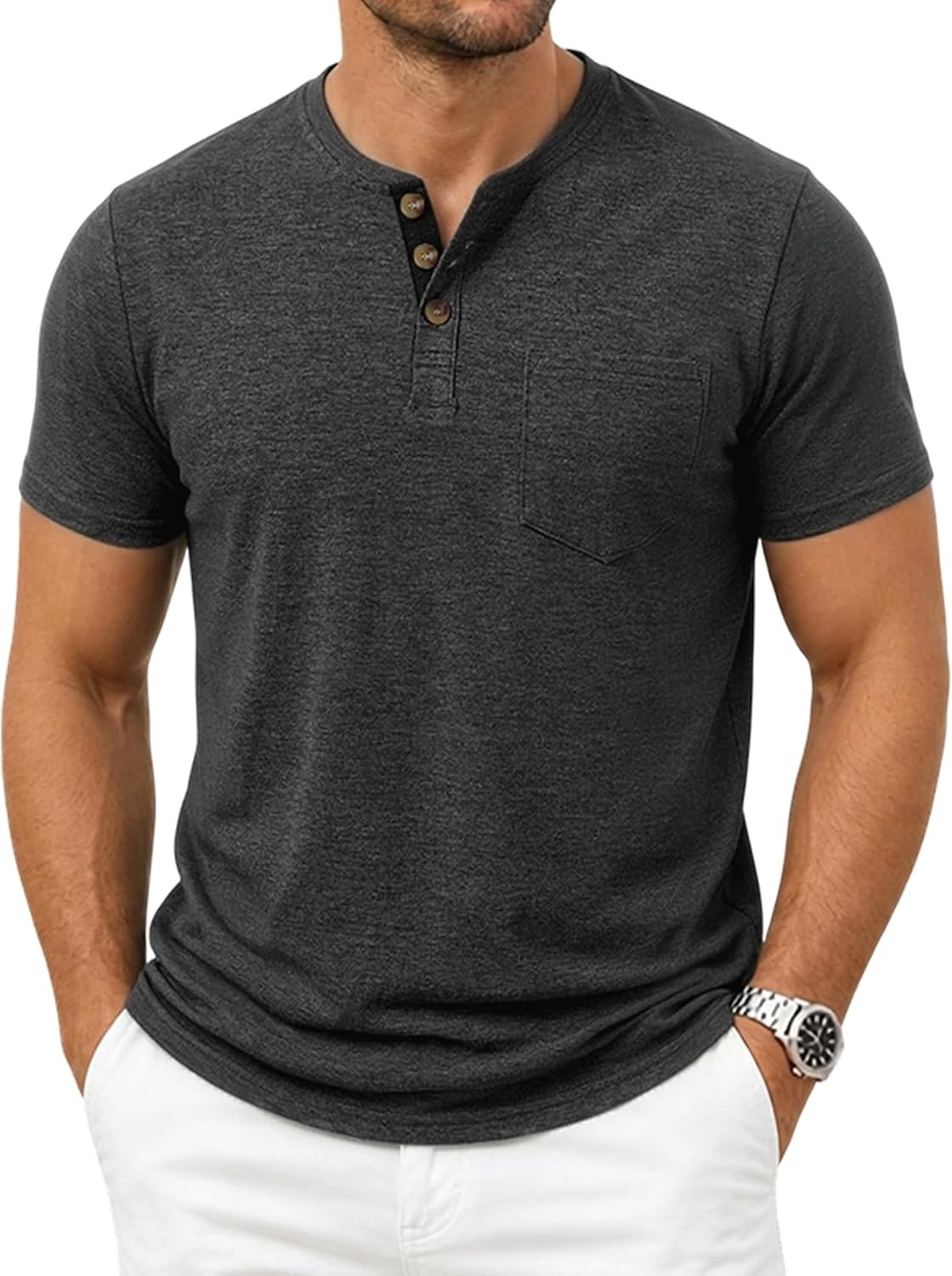 image:imageJEMITOP Mens Stretch Henley Shirts Casual Short Sleeve 3Button TShirtsCharcoal Grey