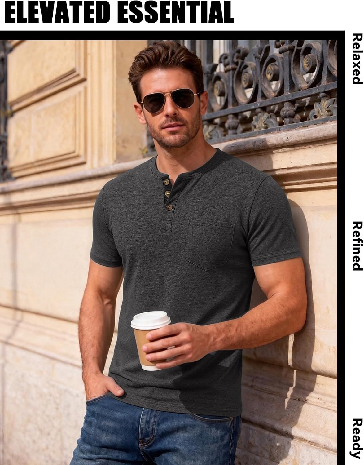 image:imageJEMITOP Mens Stretch Henley Shirts Casual Short Sleeve 3Button TShirtsCharcoal Grey