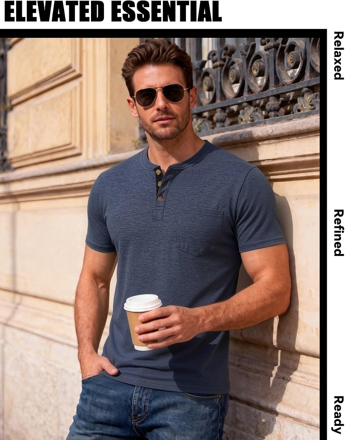 image:imageJEMITOP Mens Stretch Henley Shirts Casual Short Sleeve 3Button TShirtsNavy Blue