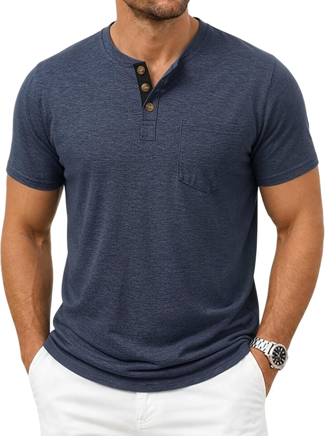 image:imageJEMITOP Mens Stretch Henley Shirts Casual Short Sleeve 3Button TShirtsNavy Blue