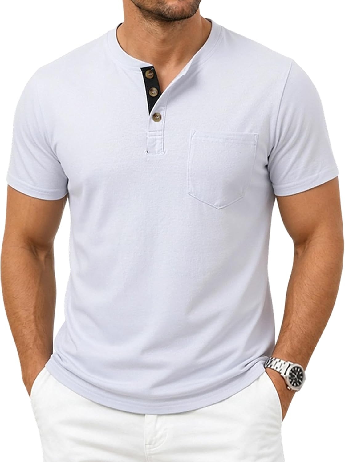 image:imageJEMITOP Mens Stretch Henley Shirts Casual Short Sleeve 3Button TShirtsWhite