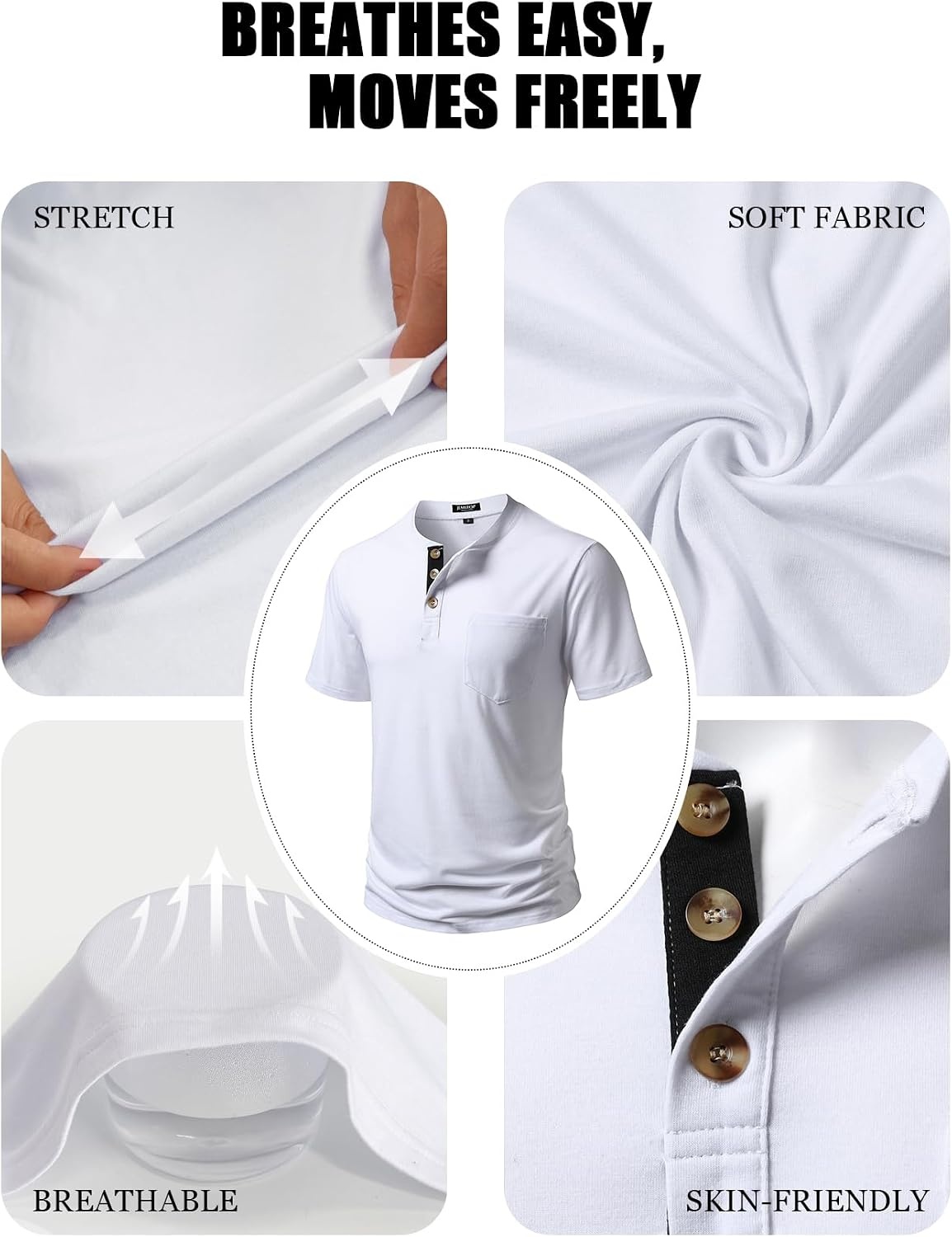 image:imageJEMITOP Mens Stretch Henley Shirts Casual Short Sleeve 3Button TShirtsWhite