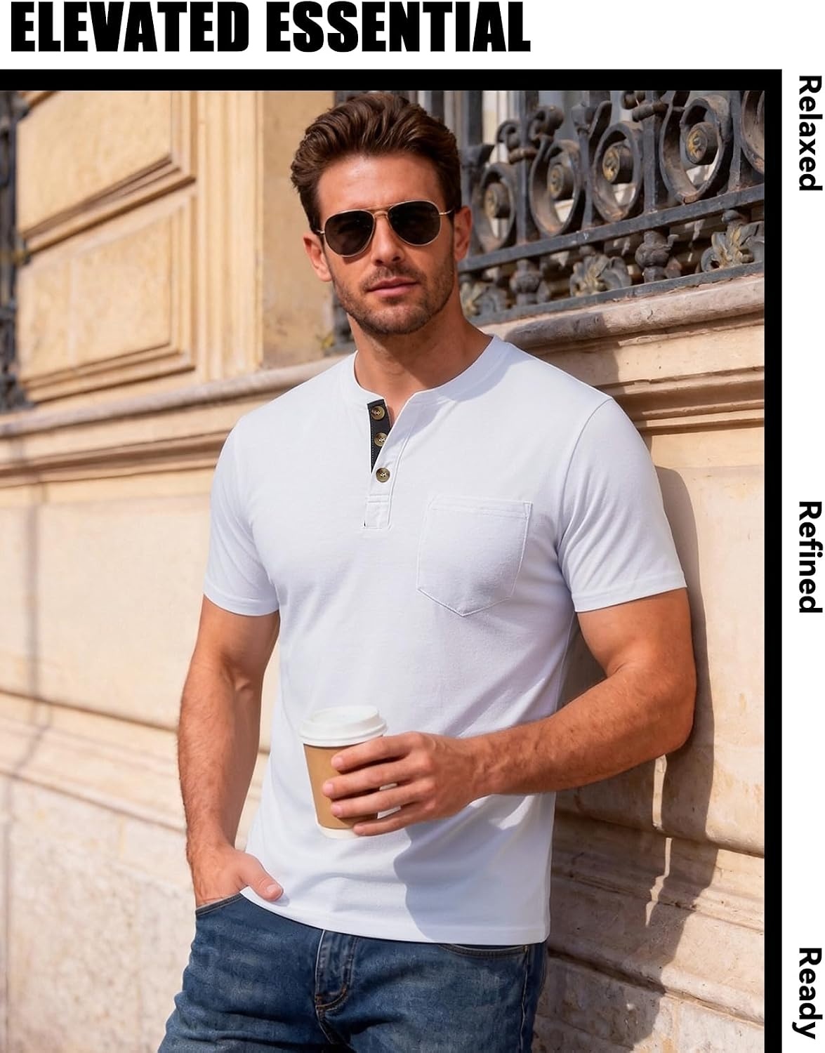 image:imageJEMITOP Mens Stretch Henley Shirts Casual Short Sleeve 3Button TShirtsWhite