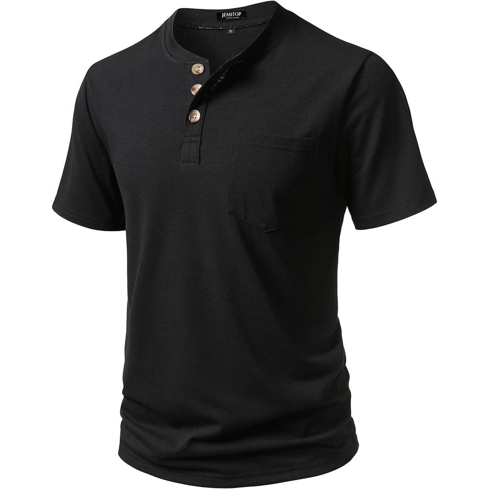 image:imageJEMITOP Mens Stretch Henley Shirts Casual Short Sleeve 3Button TShirtsBlack