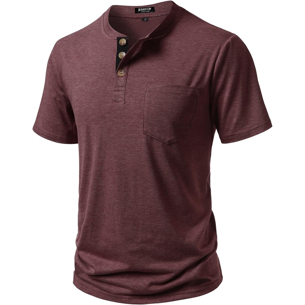 image:imageJEMITOP Mens Stretch Henley Shirts Casual Short Sleeve 3Button TShirtsBurgundy