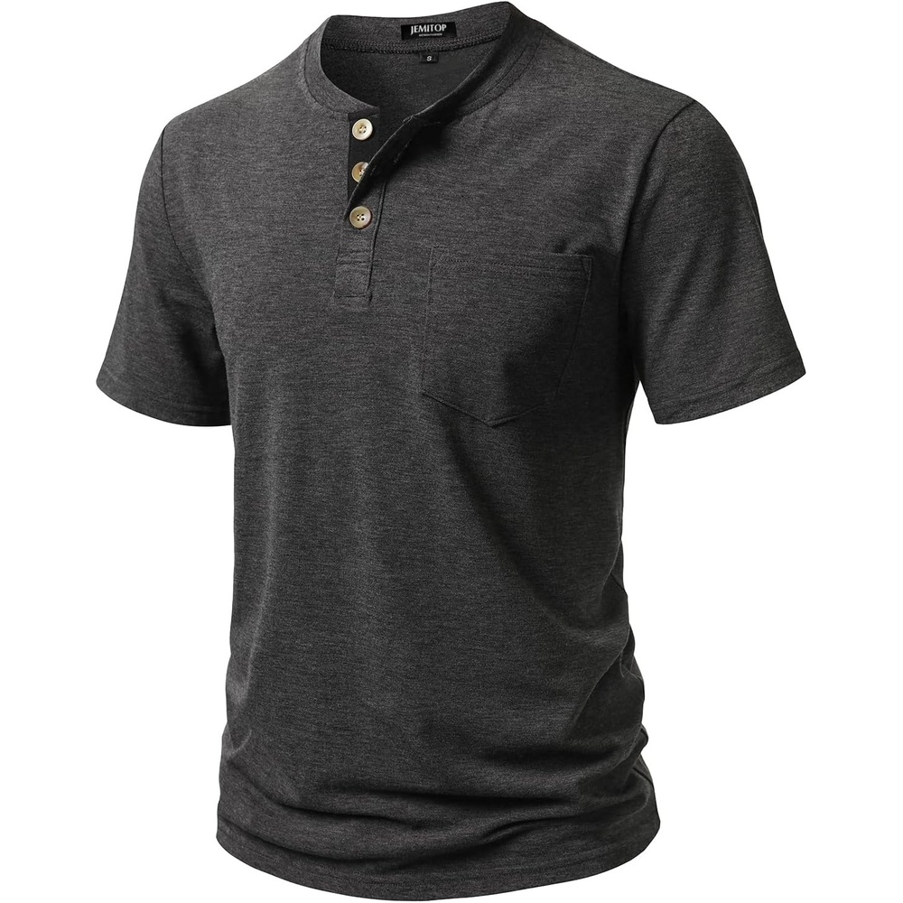 image:imageJEMITOP Mens Stretch Henley Shirts Casual Short Sleeve 3Button TShirtsCharcoal Grey