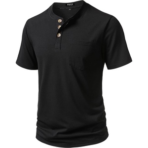 JEMITOP Mens Stretch Henley Shirts Casual Short Sleeve 3-Button T-Shirts(Black)