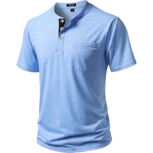 JEMITOP Mens Stretch Henley Shirts Casual Short Sleeve 3-Button T-Shirts(Light Blue)