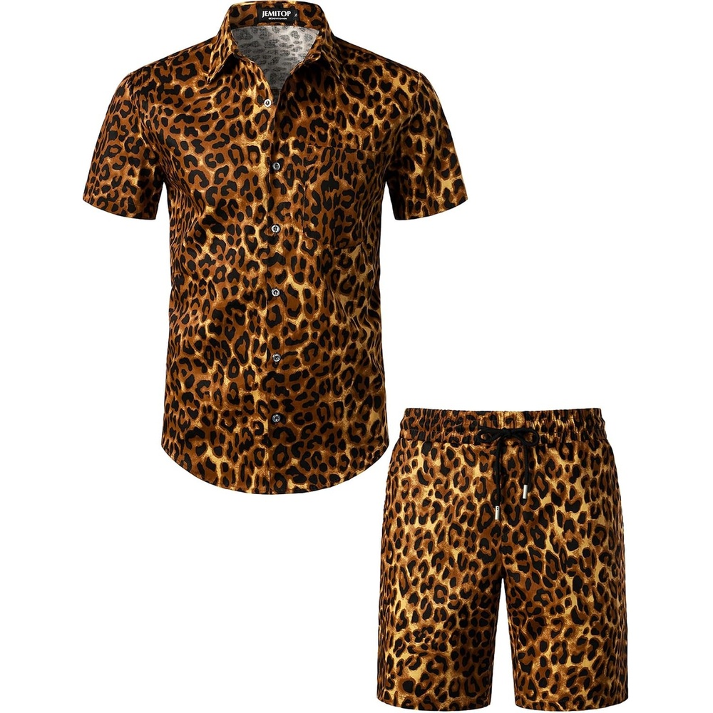 image:imageJEMITOP Mens 2 Piece Set Casual Cotton Stretchy Outfit  Print Beach Vacation Short Sleeve Button Up Shirt Shorts SummerGold Leopard