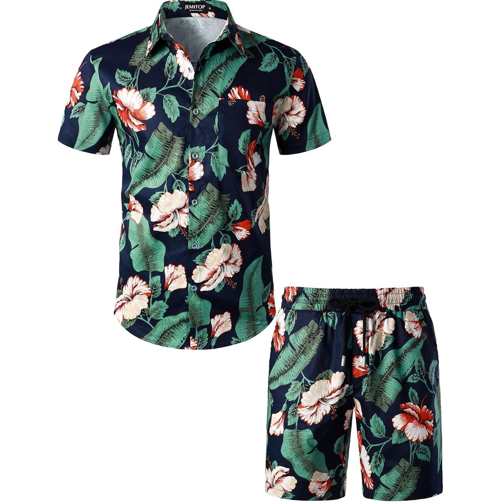 image:imageJEMITOP Mens 2 Piece Set Casual Cotton Stretchy Outfit  Print Beach Vacation Short Sleeve Button Up Shirt Shorts SummerNavygreen