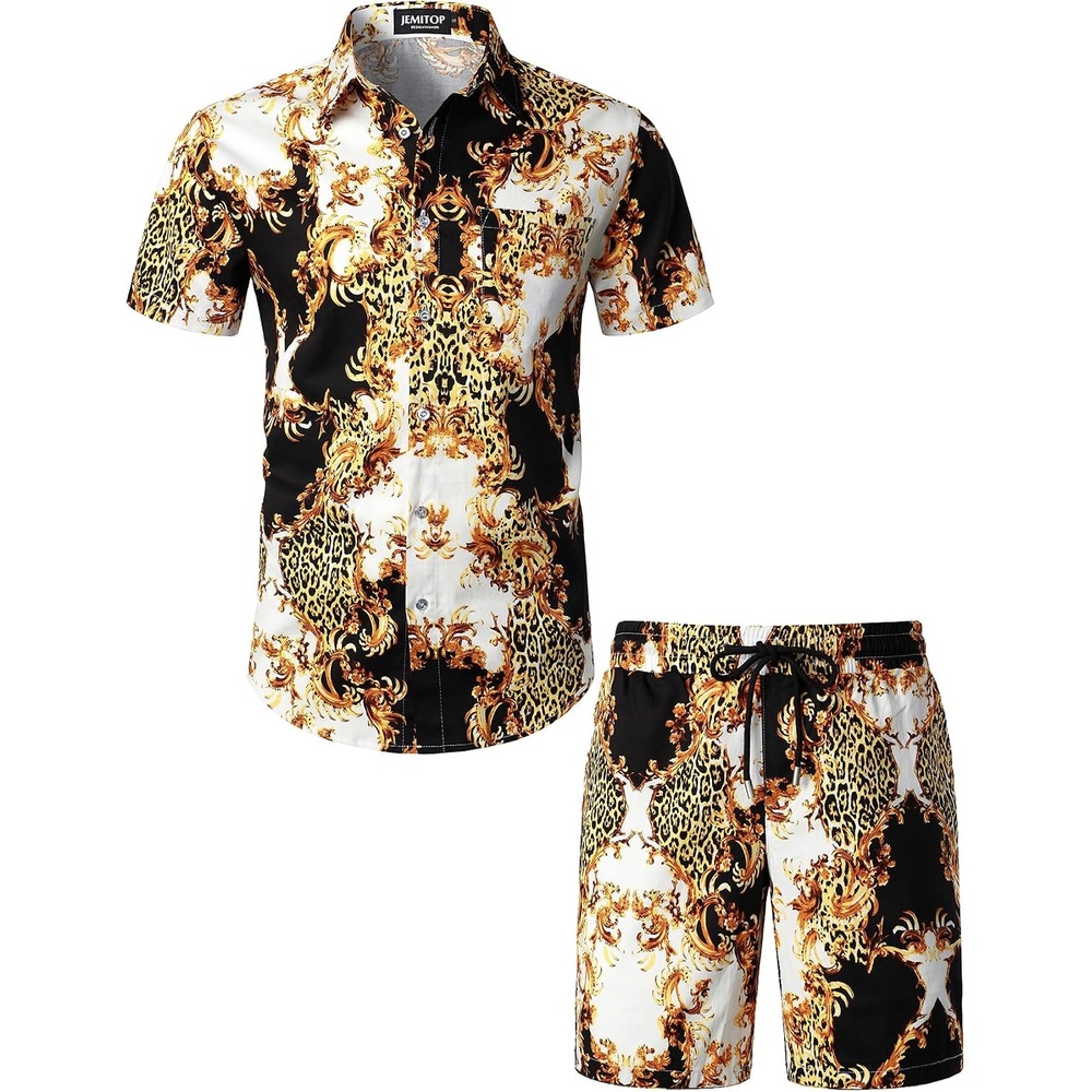 image:imageJEMITOP Mens 2 Piece Set Casual Cotton Stretchy Outfit  Print Beach Vacation Short Sleeve Button Up Shirt Shorts SummerWhite Gold