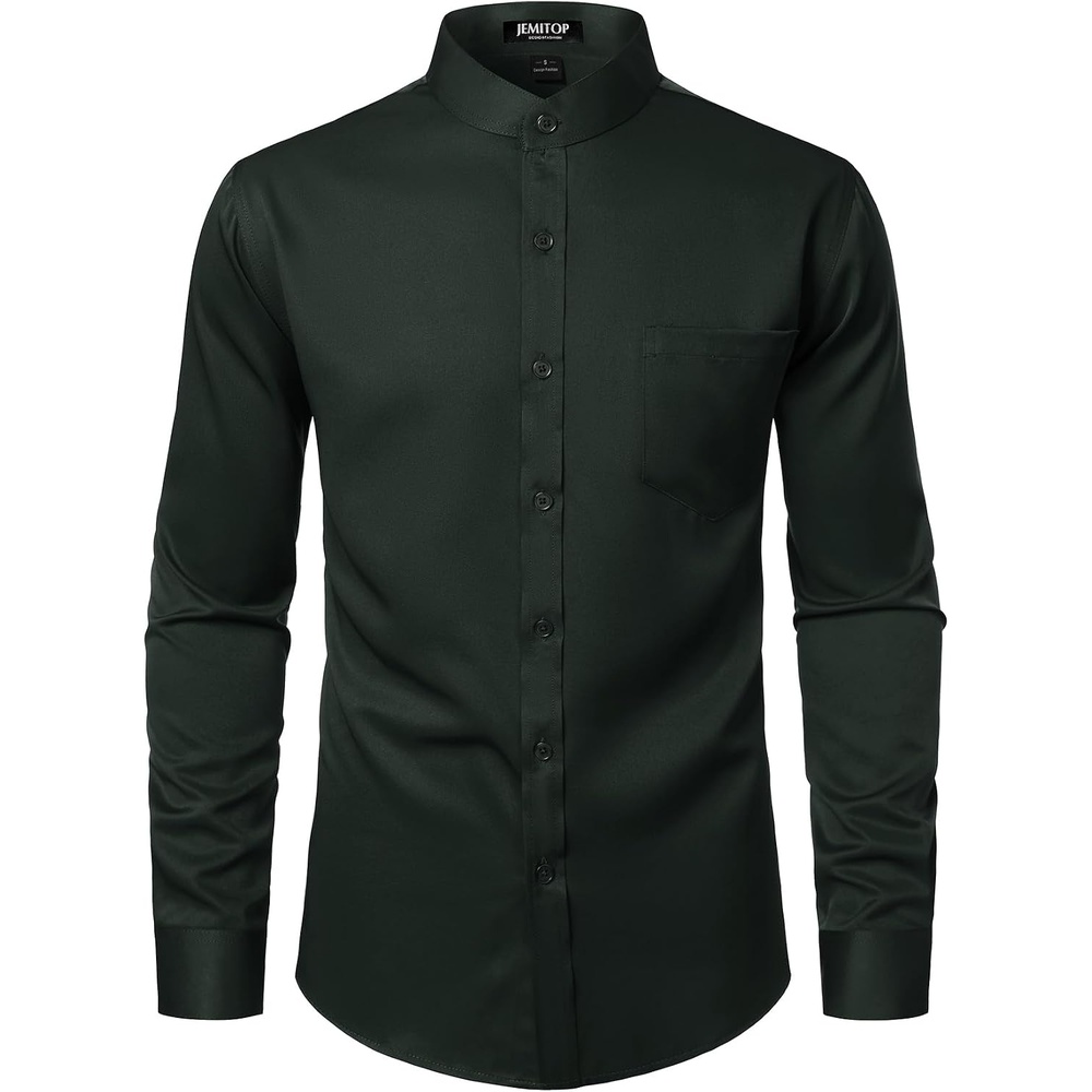 image:imageJEMITOP Mens WrinkleFree Mandarin Collar Dress Shirt  Stretch Slim Fit With Pocket Collarless Formal Wedding Prom Church Button Down Button Up Long SleeveDark Green