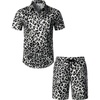 JEMITOP Men’s 2 Piece Set Casual Cotton Stretchy Outfit | Print, Beach, Vacation, Short Sleeve, Button Up, Shirt, Shorts, Summer(White Leopard)