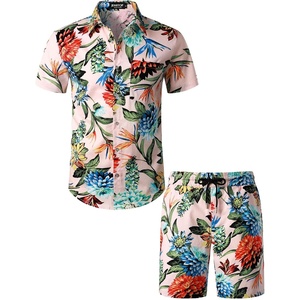 JEMITOP Men’s 2 Piece Set Casual Cotton Stretchy Outfit | Print, Beach, Vacation, Short Sleeve, Button Up, Shirt, Shorts, Summer(Pinkgreen)