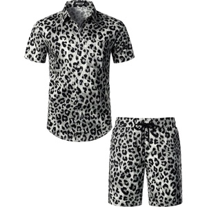 JEMITOP Men’s 2 Piece Set Casual Cotton Stretchy Outfit | Print, Beach, Vacation, Short Sleeve, Button Up, Shirt, Shorts, Summer(White Leopard)