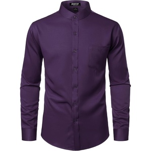 JEMITOP Mens Wrinkle-Free Mandarin Collar Dress Shirt | Stretch, Slim Fit, With Pocket, Collarless, Formal, Wedding, Prom, Church, Button Down, Button Up, Long Sleeve(Purple)