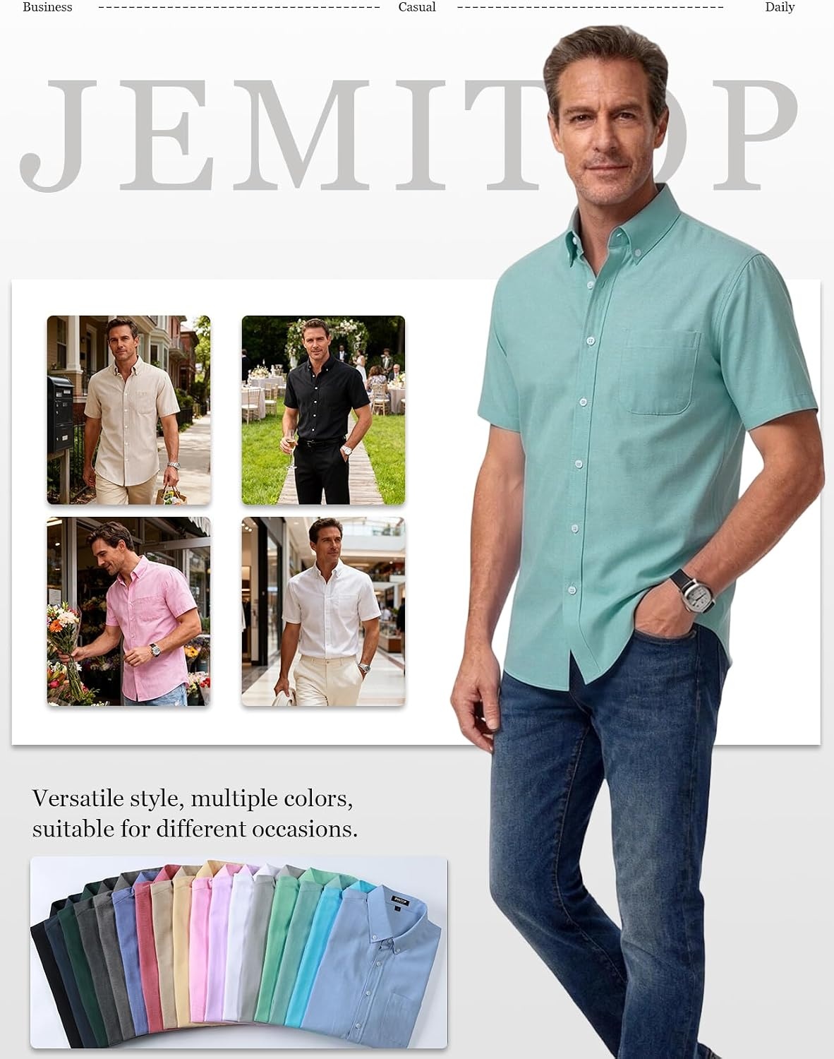 image:imageJEMITOP Mens Lightweight Oxford Short Sleeve Shirts Button Down Classic Dress Shirt Business Casual Slim Fit Pocket Button Down CollarAqua Green