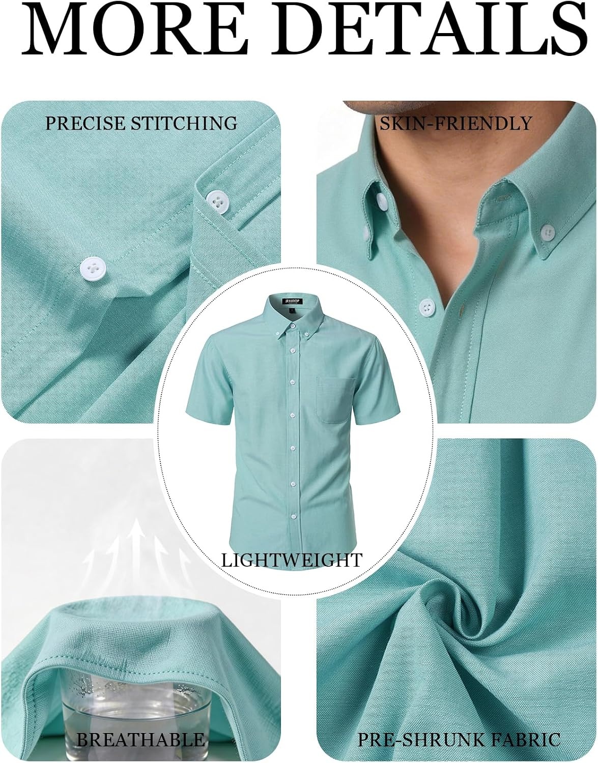 image:imageJEMITOP Mens Lightweight Oxford Short Sleeve Shirts Button Down Classic Dress Shirt Business Casual Slim Fit Pocket Button Down CollarAqua Green