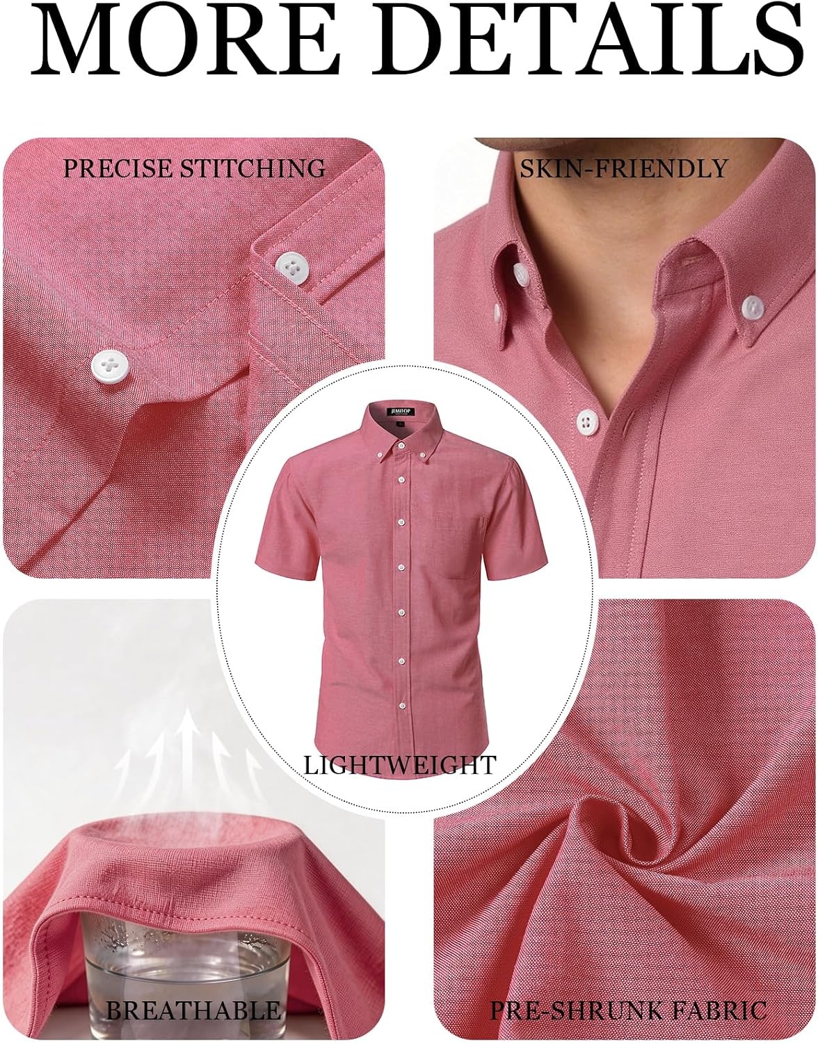 image:imageJEMITOP Mens Lightweight Oxford Short Sleeve Shirts Button Down Classic Dress Shirt Business Casual Slim Fit Pocket Button Down CollarCoral Red