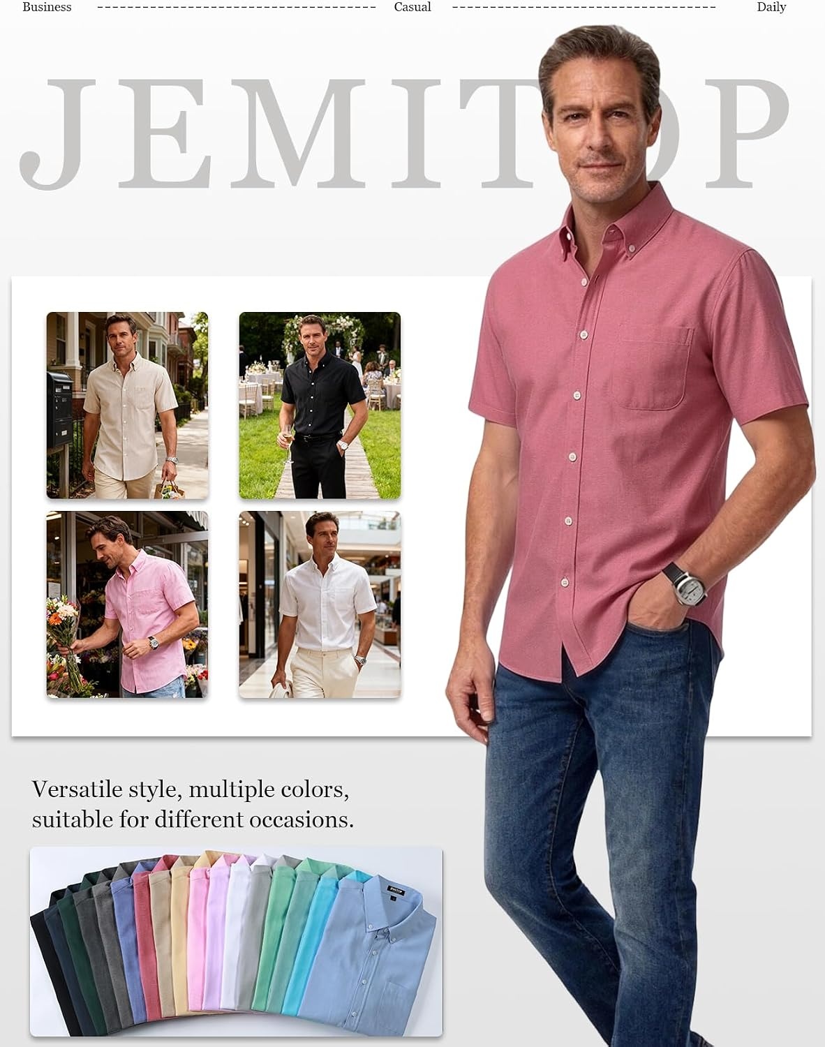 image:imageJEMITOP Mens Lightweight Oxford Short Sleeve Shirts Button Down Classic Dress Shirt Business Casual Slim Fit Pocket Button Down CollarCoral Red