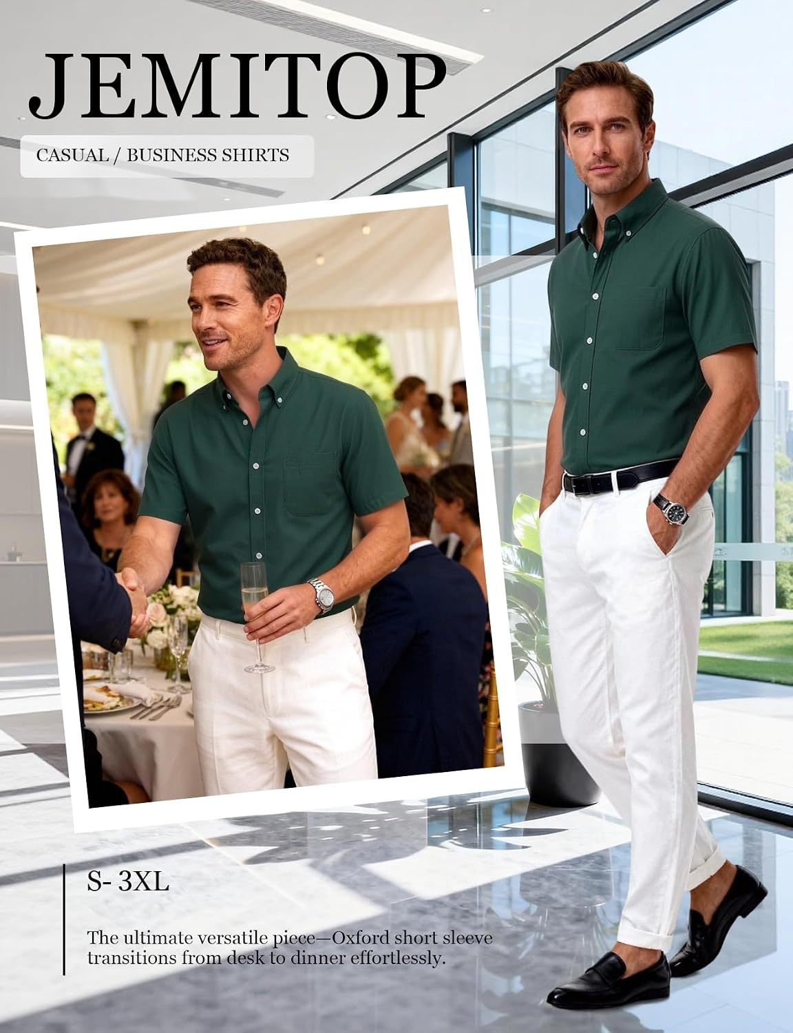 image:imageJEMITOP Mens Lightweight Oxford Short Sleeve Shirts Button Down Classic Dress Shirt Business Casual Slim Fit Pocket Button Down CollarForest Green