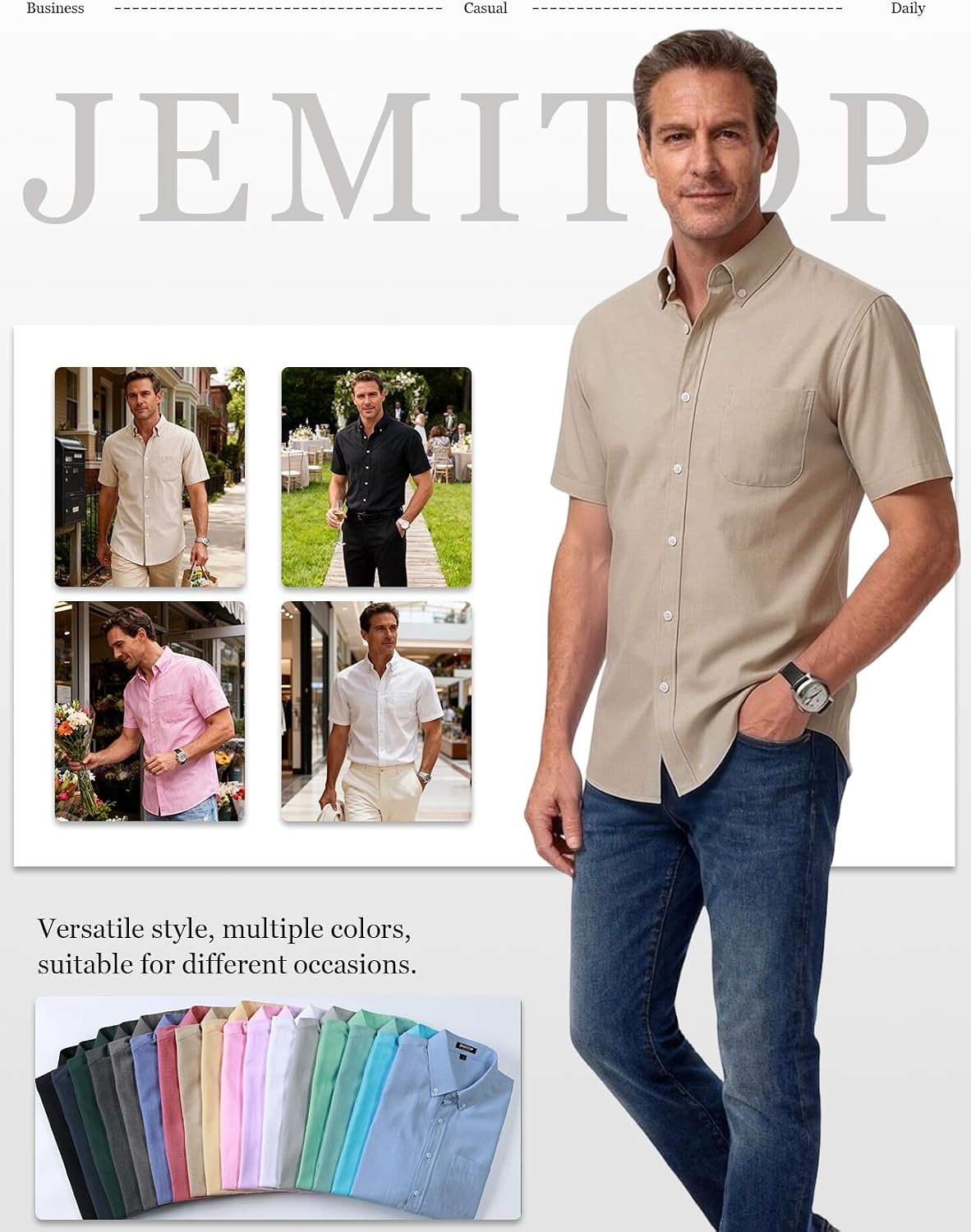image:imageJEMITOP Mens Lightweight Oxford Short Sleeve Shirts Button Down Classic Dress Shirt Business Casual Slim Fit Pocket Button Down CollarKhaki