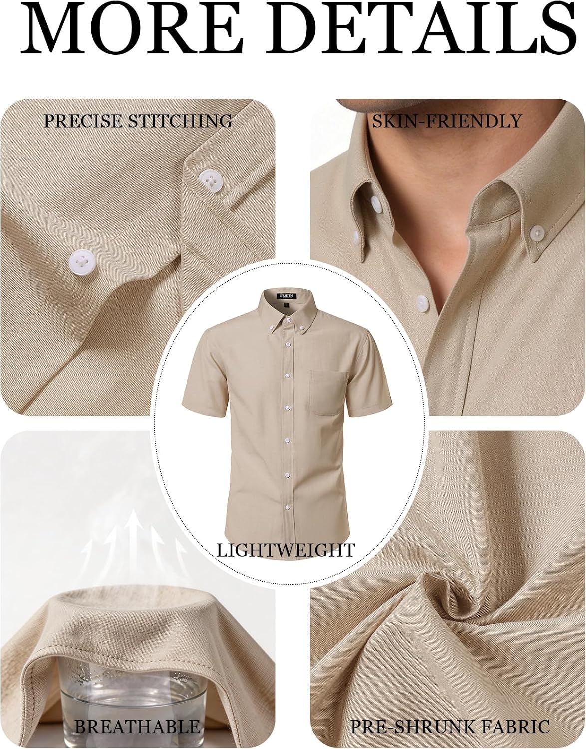 image:imageJEMITOP Mens Lightweight Oxford Short Sleeve Shirts Button Down Classic Dress Shirt Business Casual Slim Fit Pocket Button Down CollarKhaki