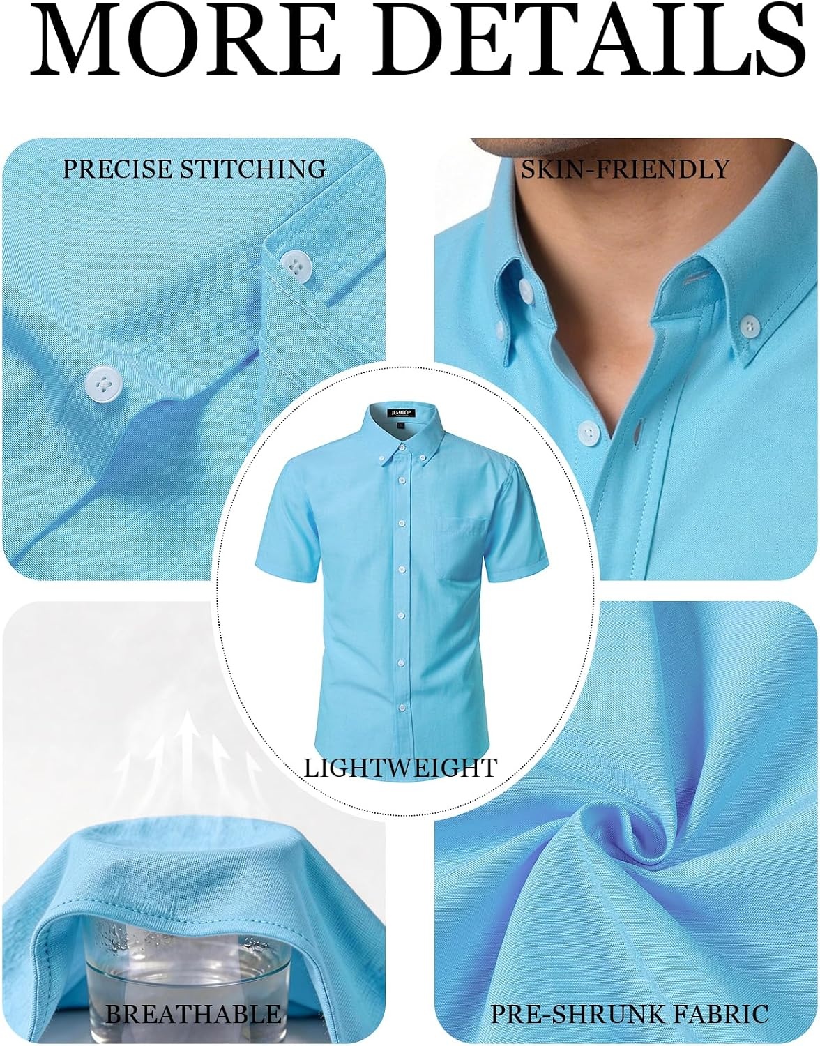 image:imageJEMITOP Mens Lightweight Oxford Short Sleeve Shirts Button Down Classic Dress Shirt Business Casual Slim Fit Pocket Button Down CollarLake Blue