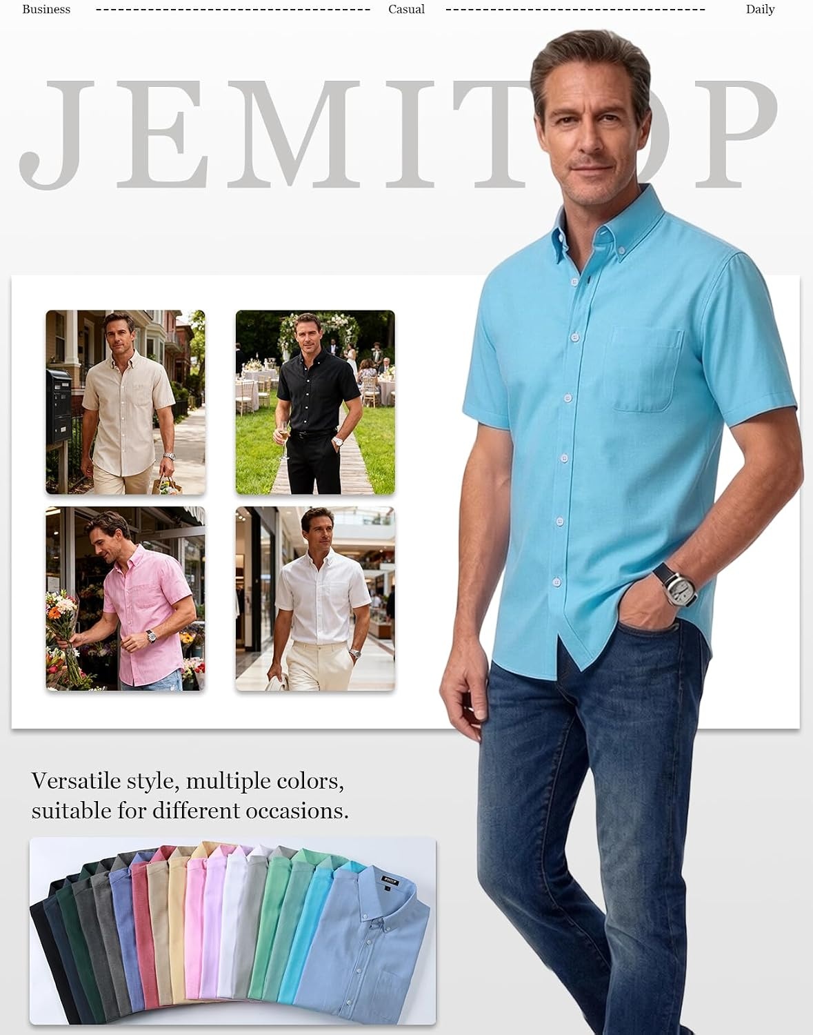image:imageJEMITOP Mens Lightweight Oxford Short Sleeve Shirts Button Down Classic Dress Shirt Business Casual Slim Fit Pocket Button Down CollarLake Blue