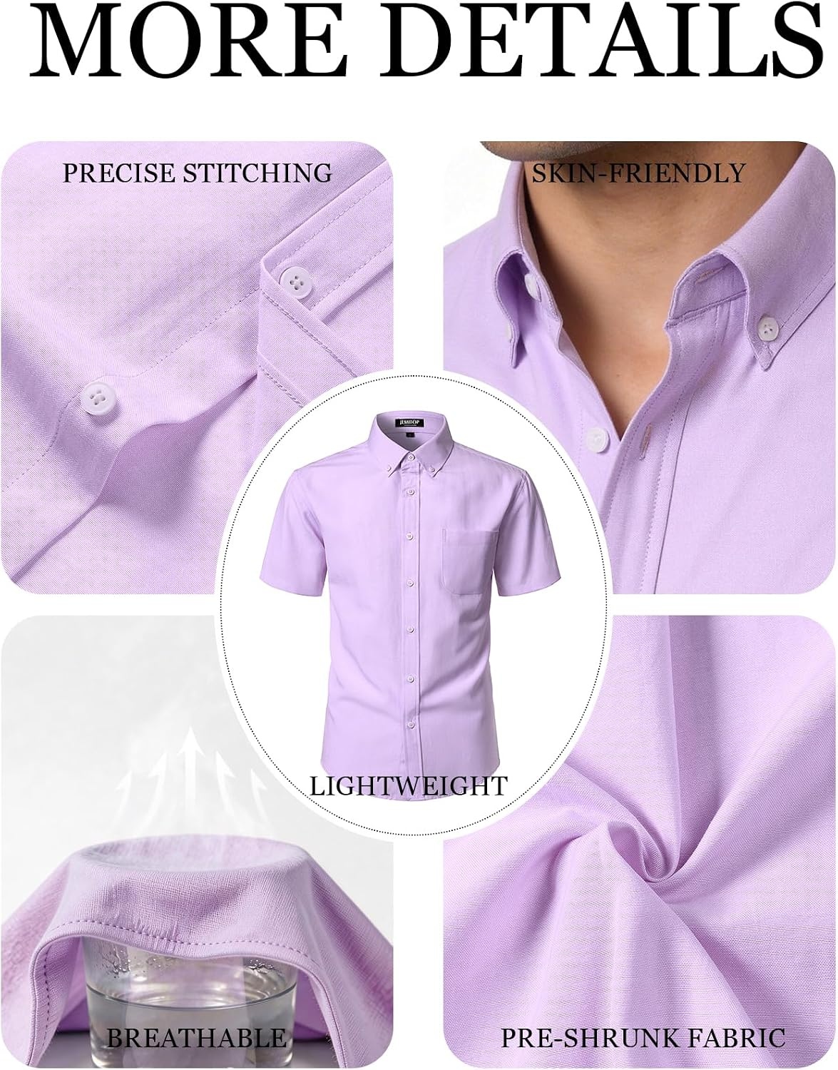 image:imageJEMITOP Mens Lightweight Oxford Short Sleeve Shirts Button Down Classic Dress Shirt Business Casual Slim Fit Pocket Button Down CollarLavender Purple