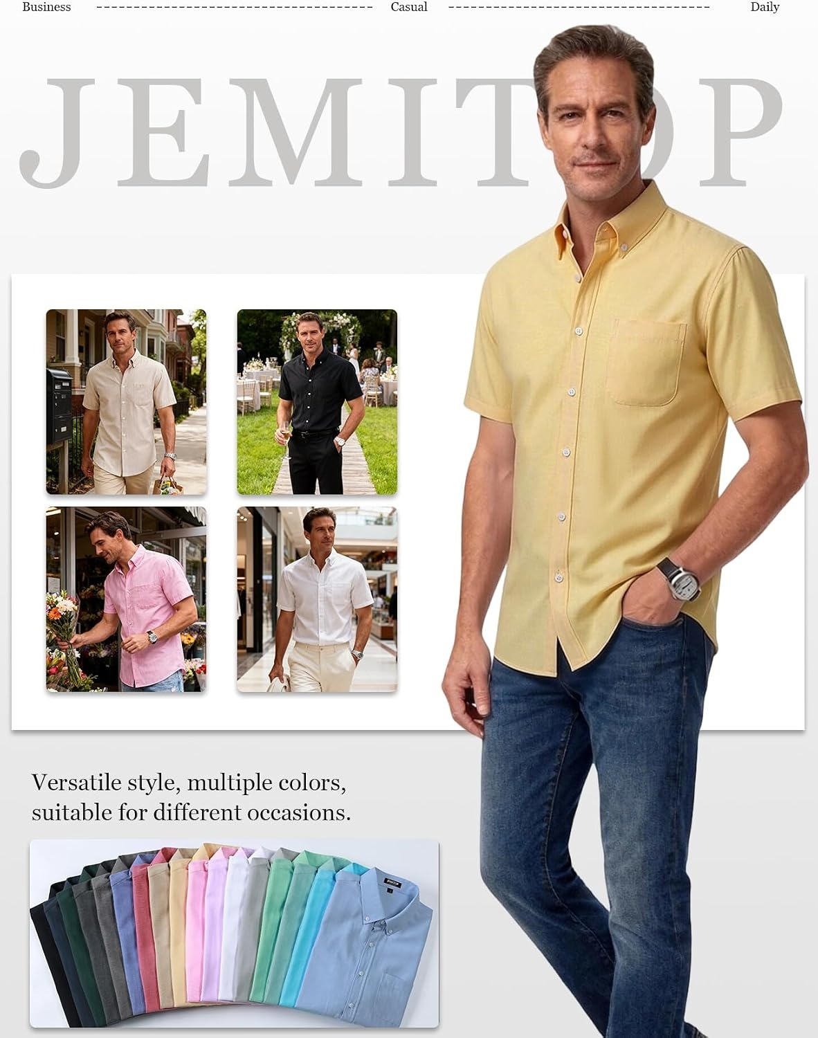 image:imageJEMITOP Mens Lightweight Oxford Short Sleeve Shirts Button Down Classic Dress Shirt Business Casual Slim Fit Pocket Button Down CollarLemon Yellow