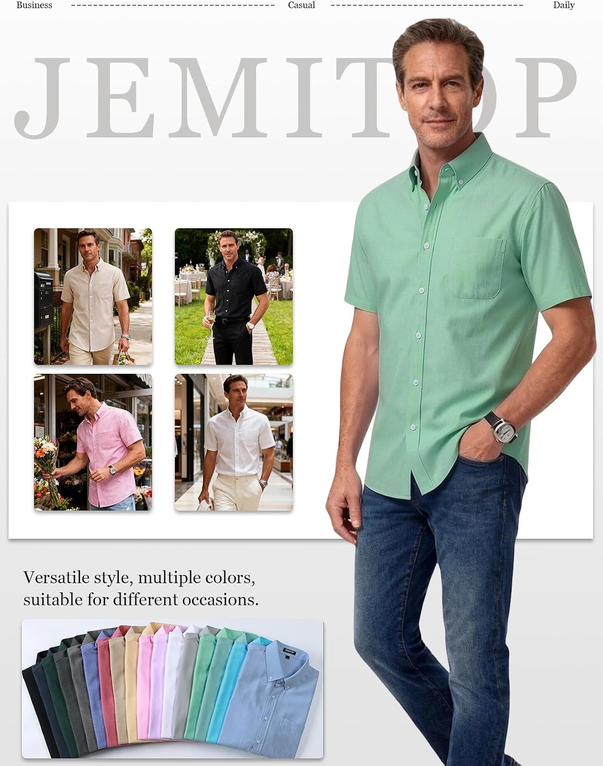 image:imageJEMITOP Mens Lightweight Oxford Short Sleeve Shirts Button Down Classic Dress Shirt Business Casual Slim Fit Pocket Button Down CollarMint Green