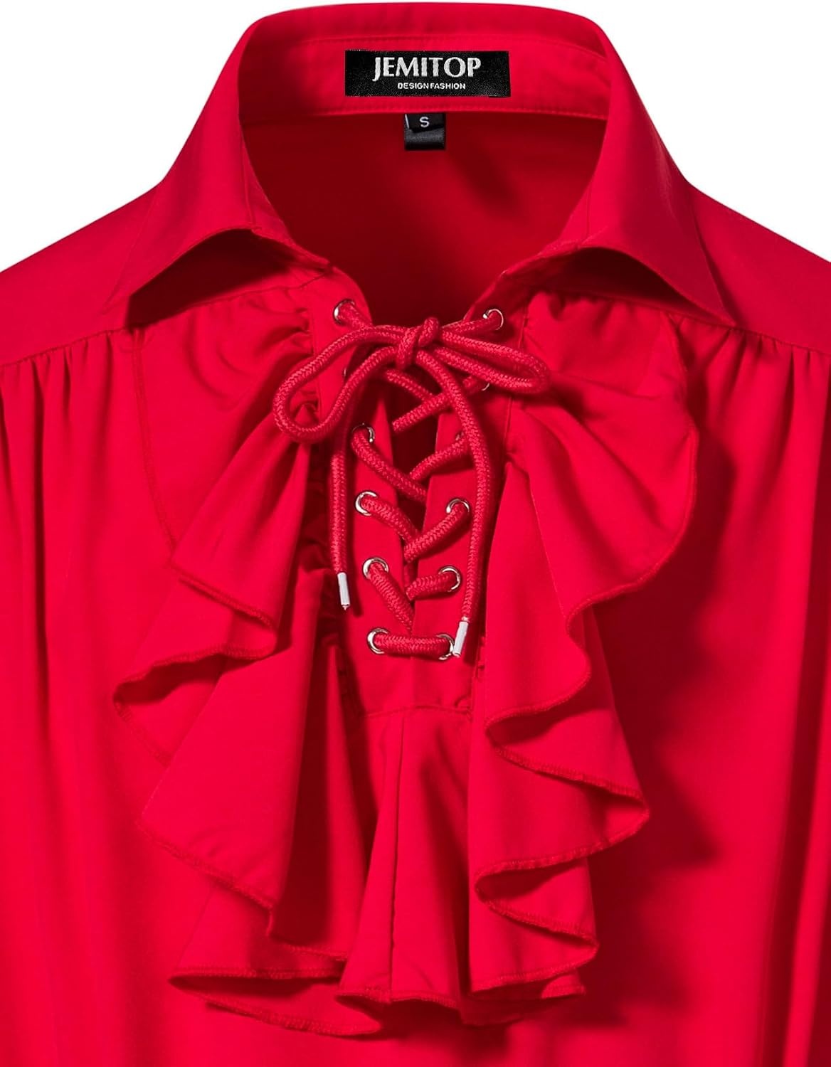 image:imageJEMITOP Mens Vintage Lace Up Poet Shirt Pirate Costume Elastic Cuff Renaissance Vampire Victorian Medieval Cosplay Steampunk Gothic Viking Halloween OutfitRed