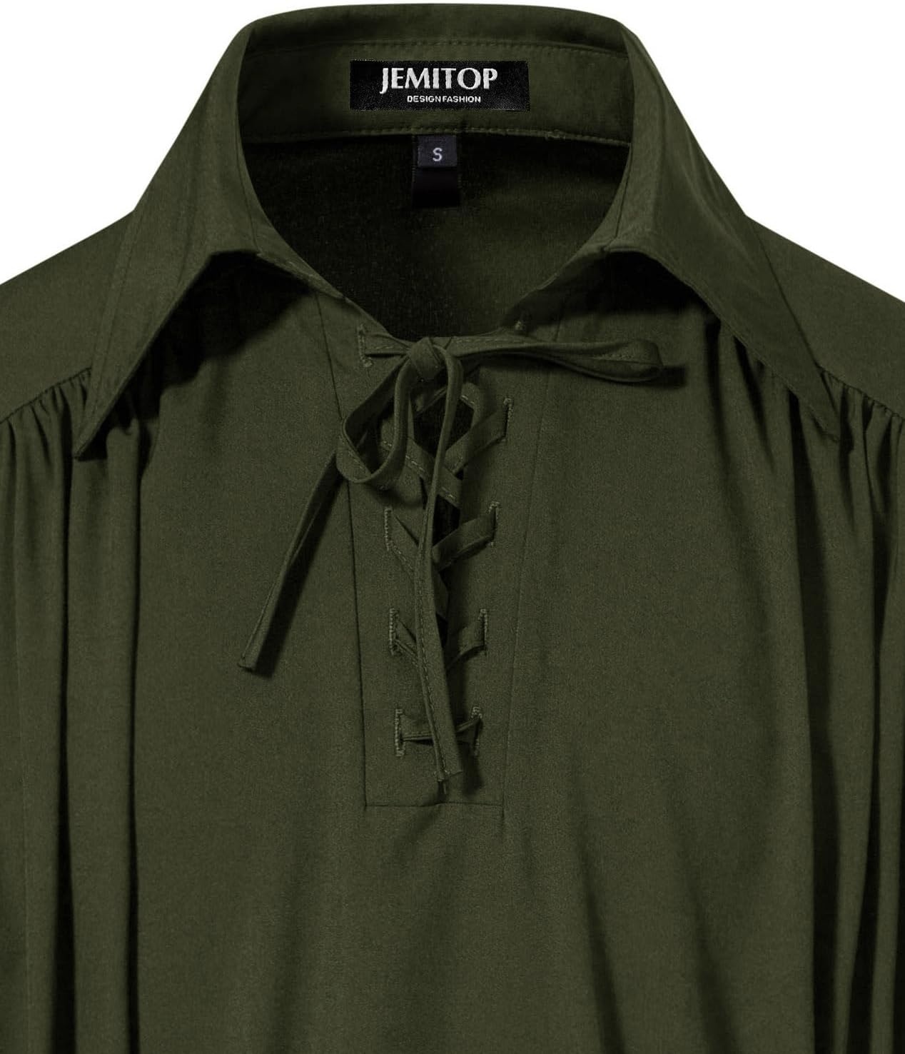image:imageJEMITOP Mens Vintage Lace Up Poet Shirt Pirate Costume Elastic Cuff Renaissance Vampire Victorian Medieval Cosplay Steampunk Gothic Viking Halloween OutfitArmy Greenb